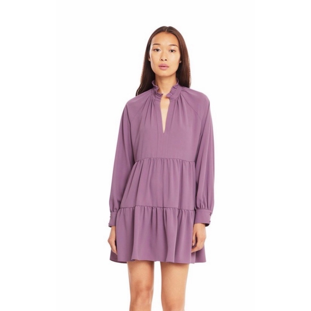 AMANDA UPRICHARD Purple Tiered V-Neck Boho Relaxed Cottage Mini Dress Size Xs